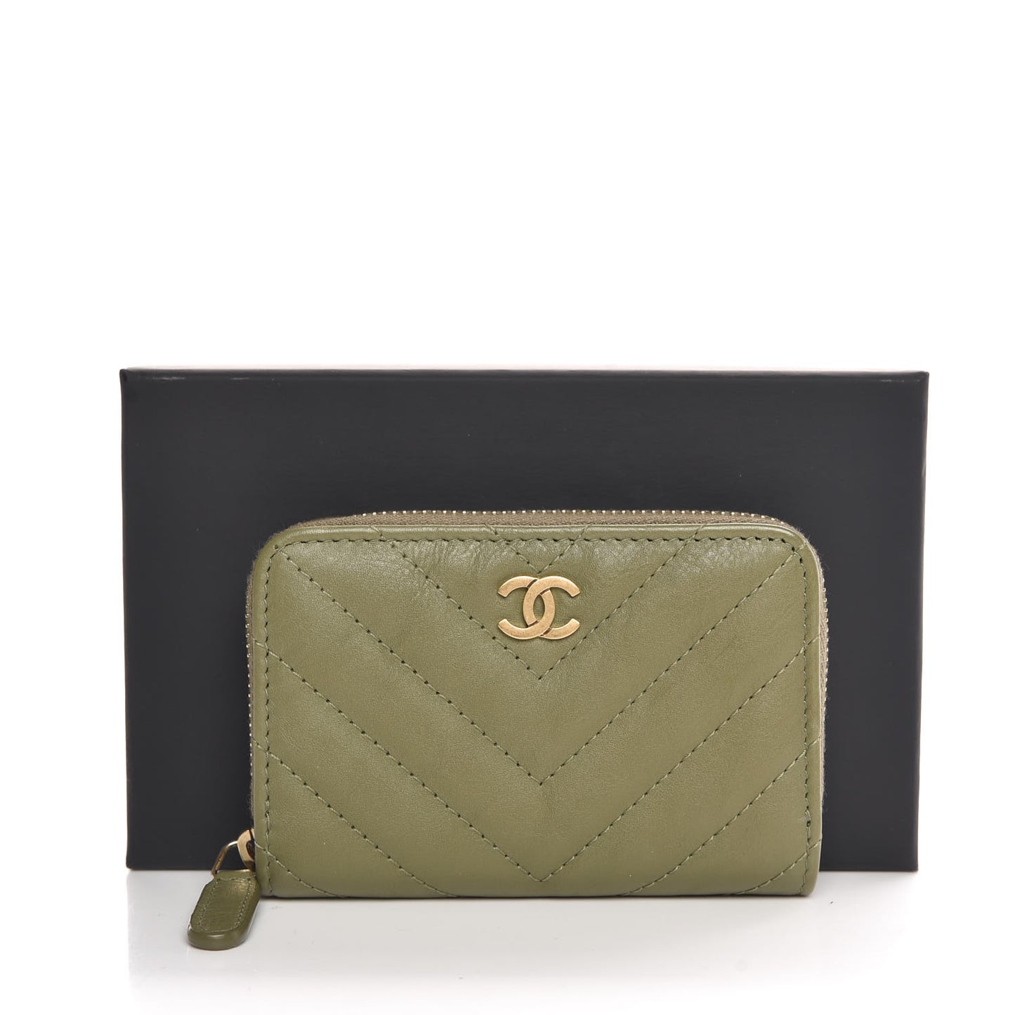 Calfskin Chevron Quilted Zip Around Coin Purse Green