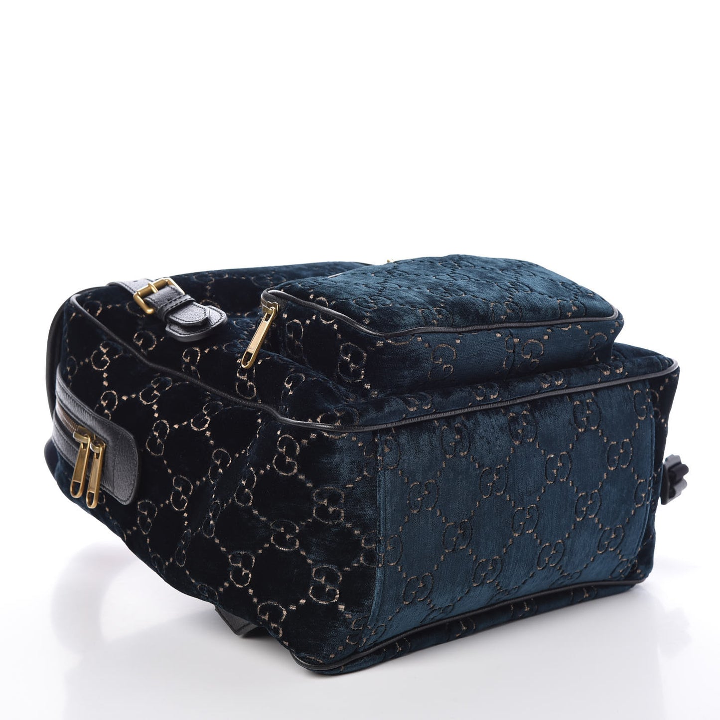 Velvet GG Monogram Textured Calfskin Web Small Double Buckle Backpack Blue Beige Black