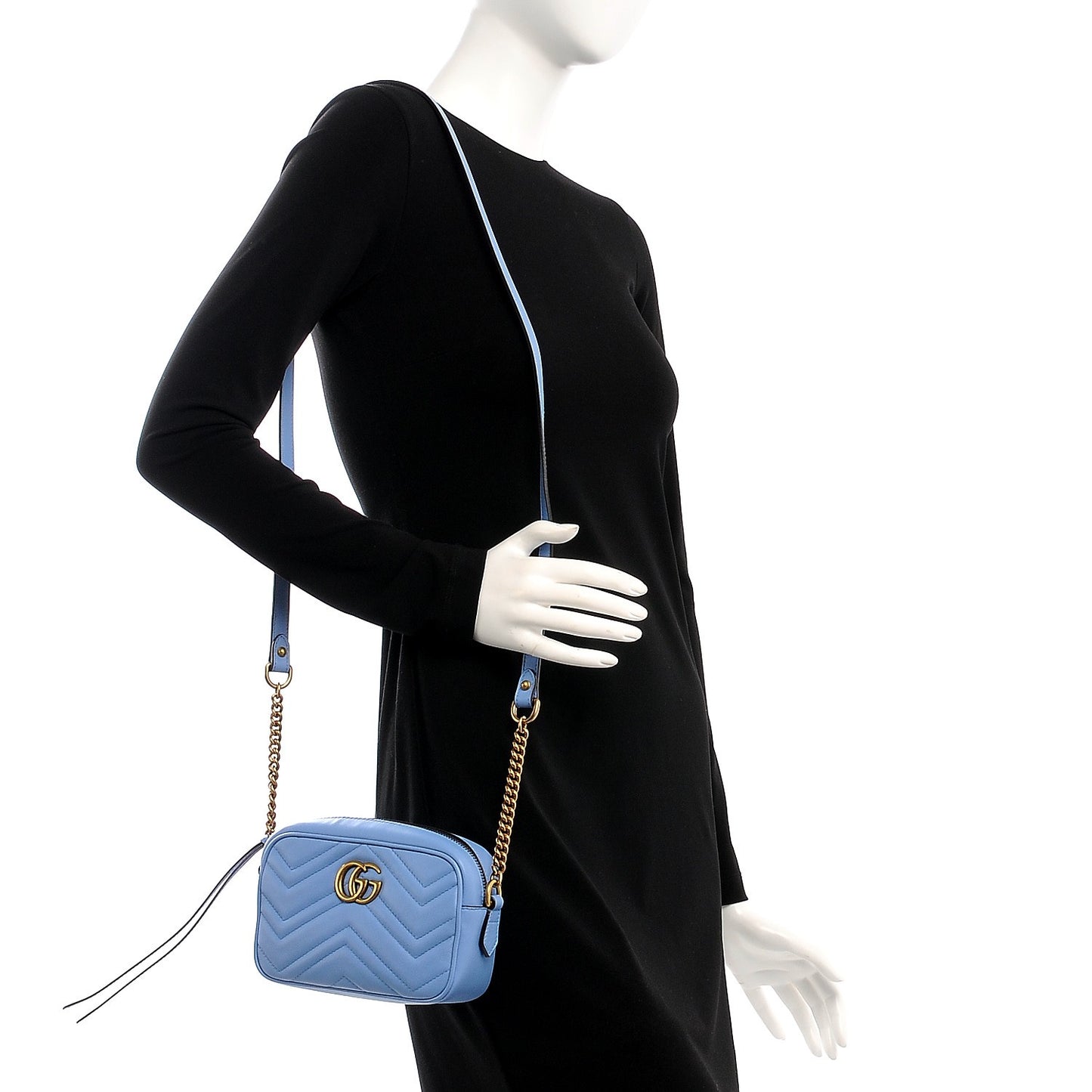 Calfskin Matelasse Mini GG Marmont Chain Shoulder Bag Clear Sky Blue