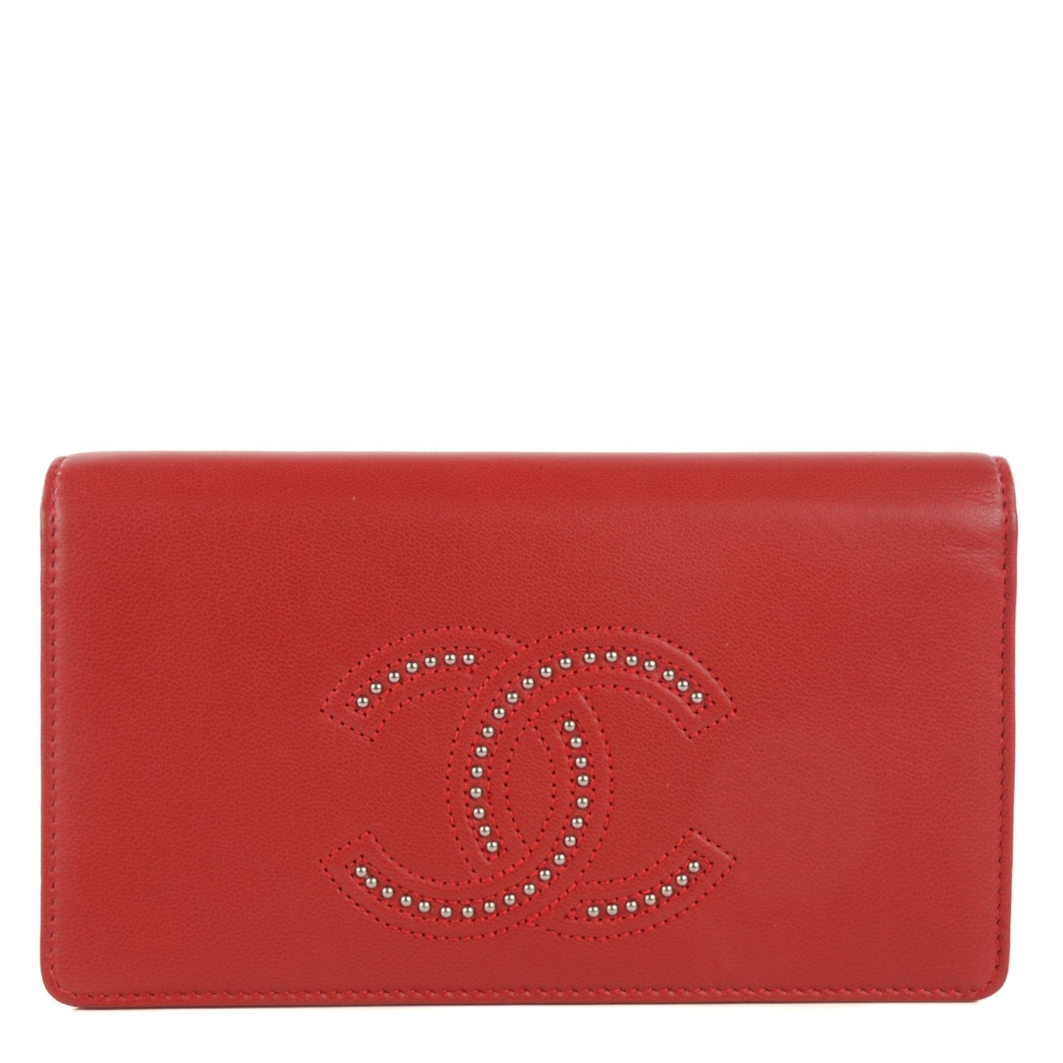 Chanel Lambskin Studded Timeless CC Yen Wallet Red 1 of 8