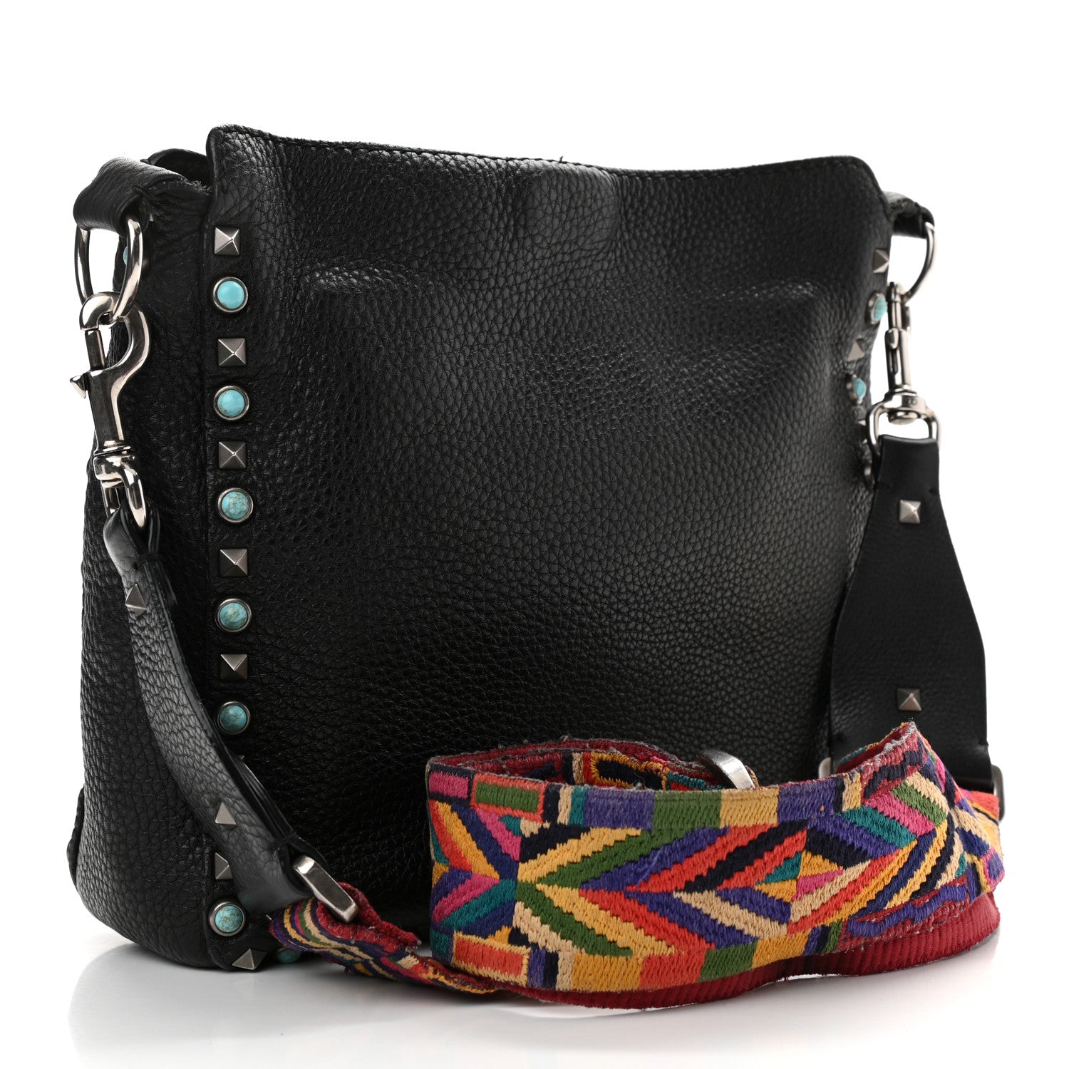 Valentino Garavani Pebbled Calfskin Tribal Small Guitar Strap Rockstud Rolling Flip-Lock Messenger Bag Black 3 of 18