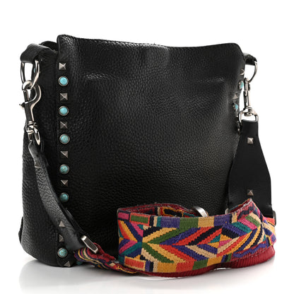 Valentino Garavani Pebbled Calfskin Tribal Small Guitar Strap Rockstud Rolling Flip-Lock Messenger Bag Black 3 of 18