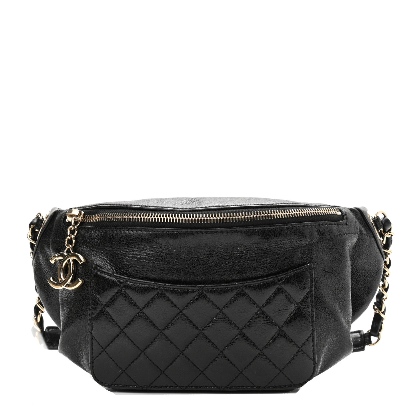 Crumpled Glazed Lambskin Quilted Waist Bag Fanny Pack Black