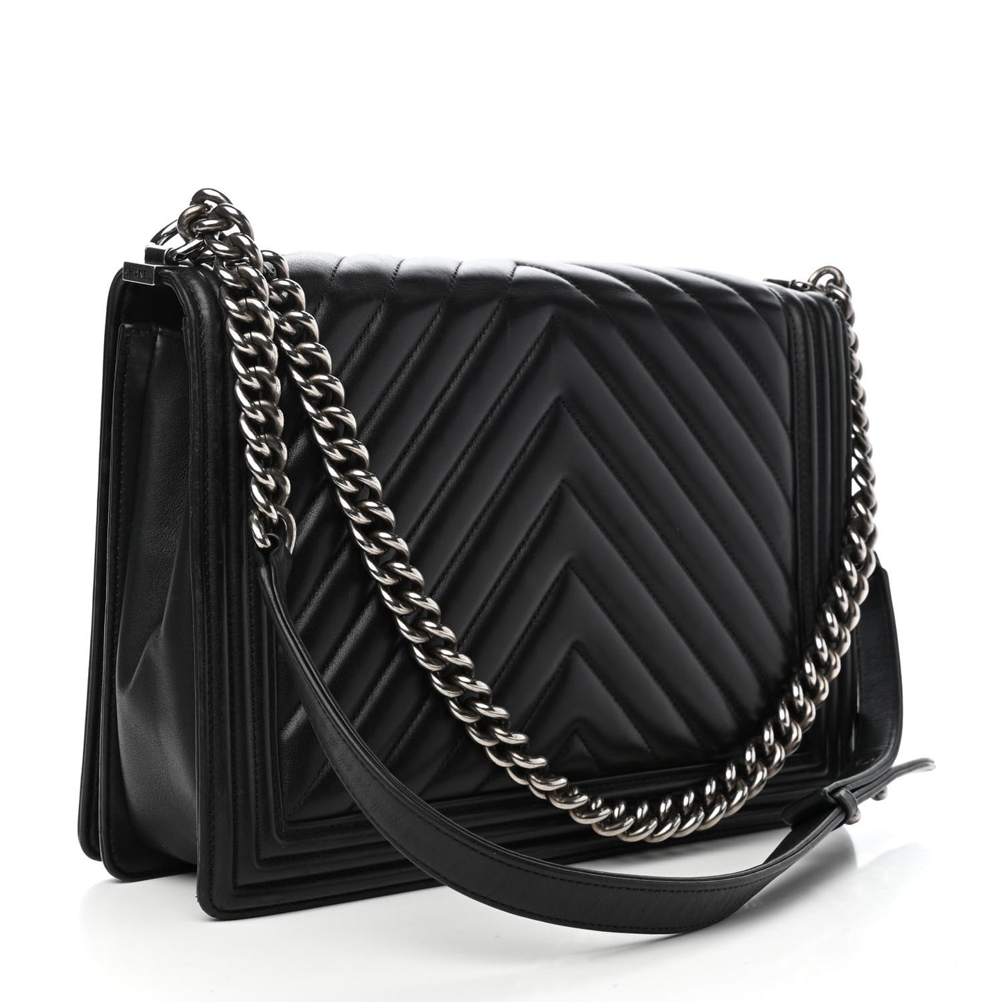 Calfskin Chevron Quilted Large Boy Flap Black