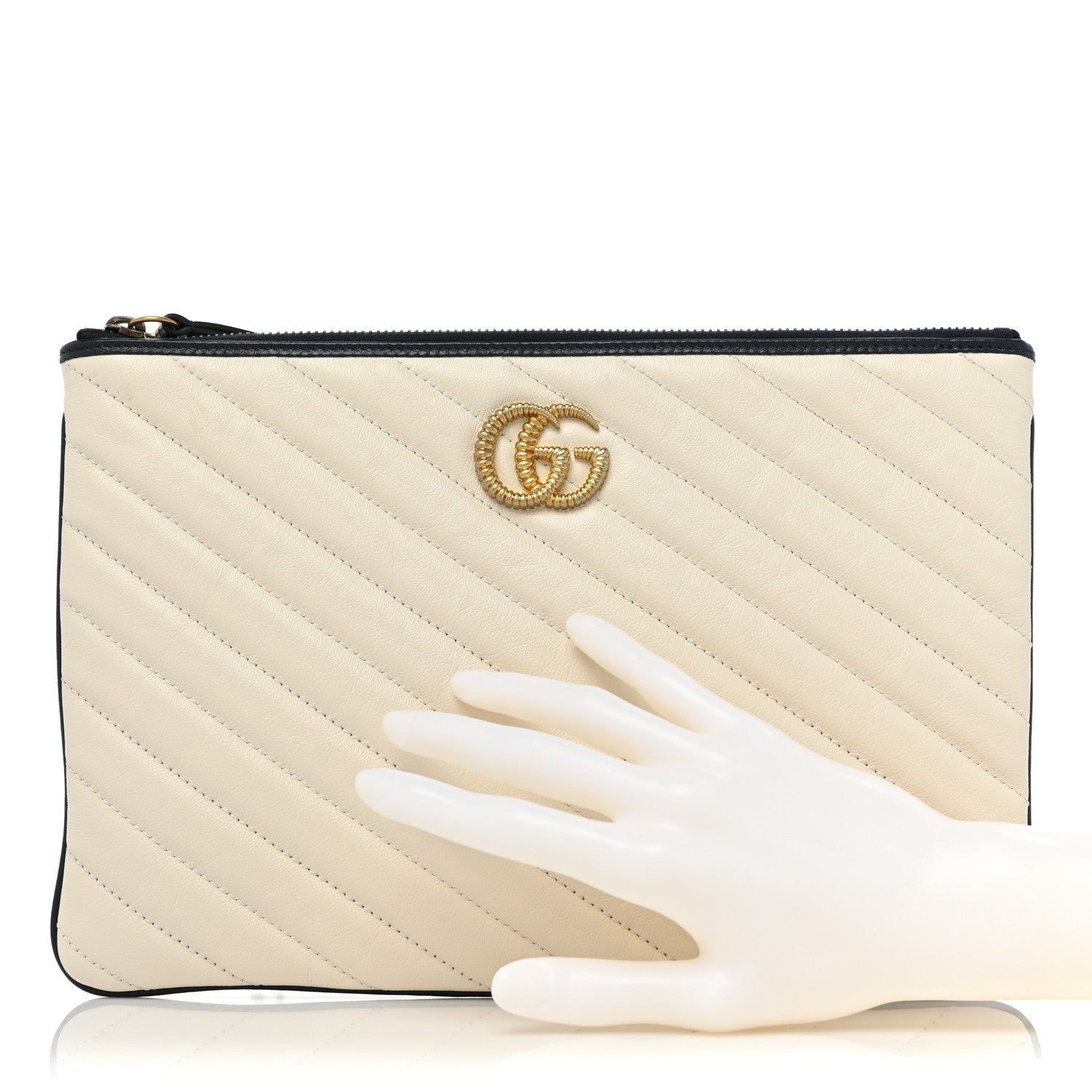 Gucci Vintage Effect Calfskin Matelasse Diagonal Torchon GG Marmont Zip Pouch Mystic White Blue Agata 2 of 10