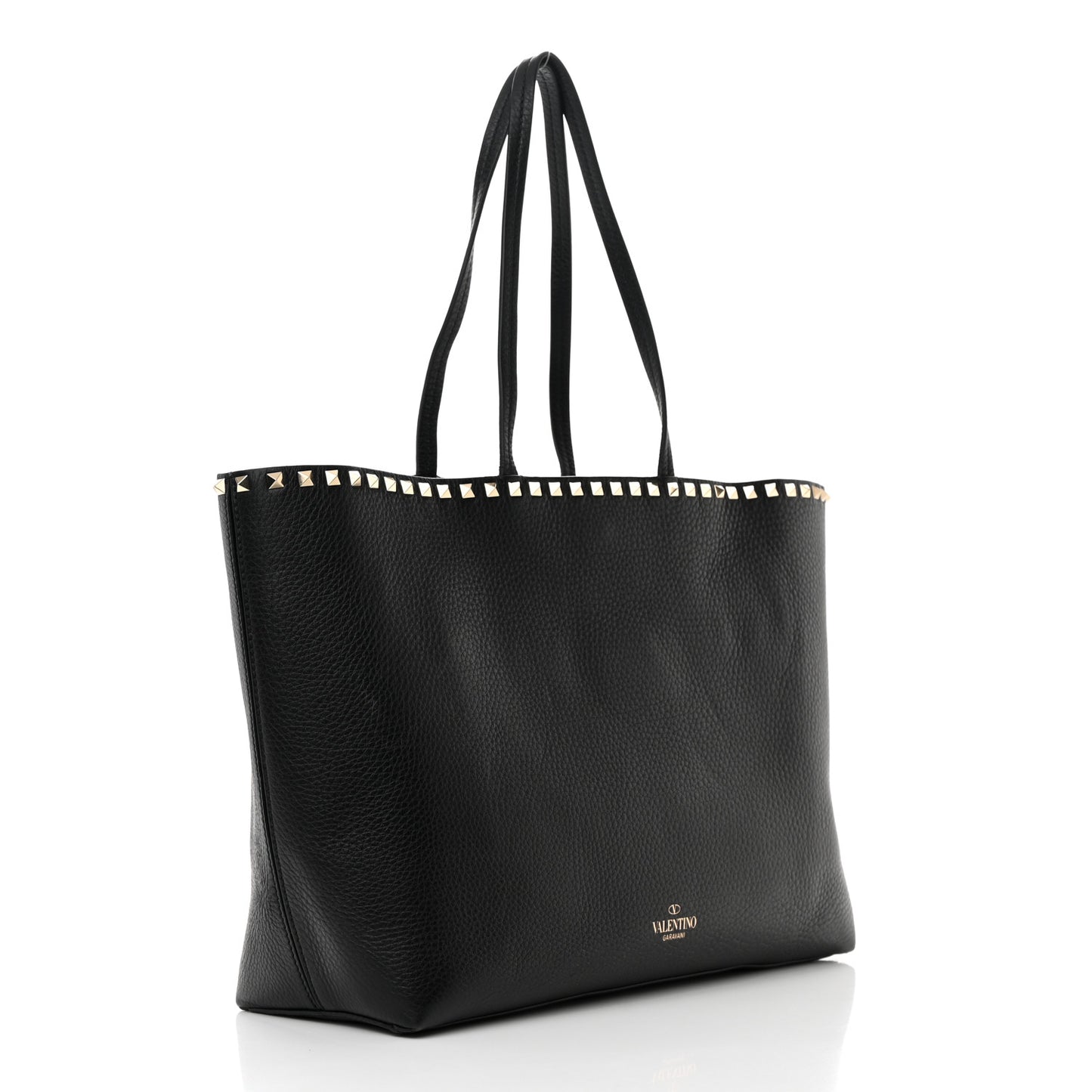 Grained Calfskin Rockstud Shoulder Tote Black
