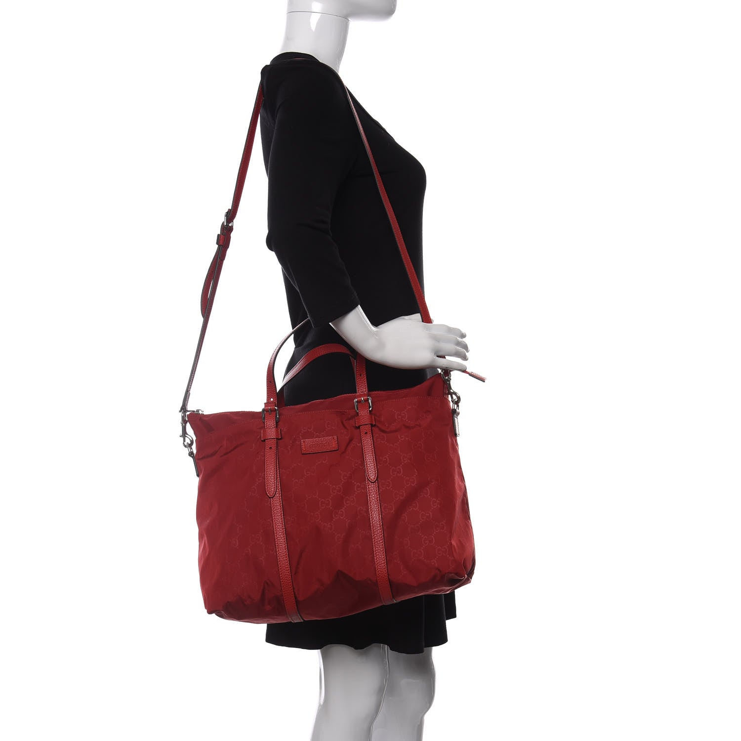 Gucci Nylon Monogram Dollar Calfskin Tote Vibrant Red 2 of 10