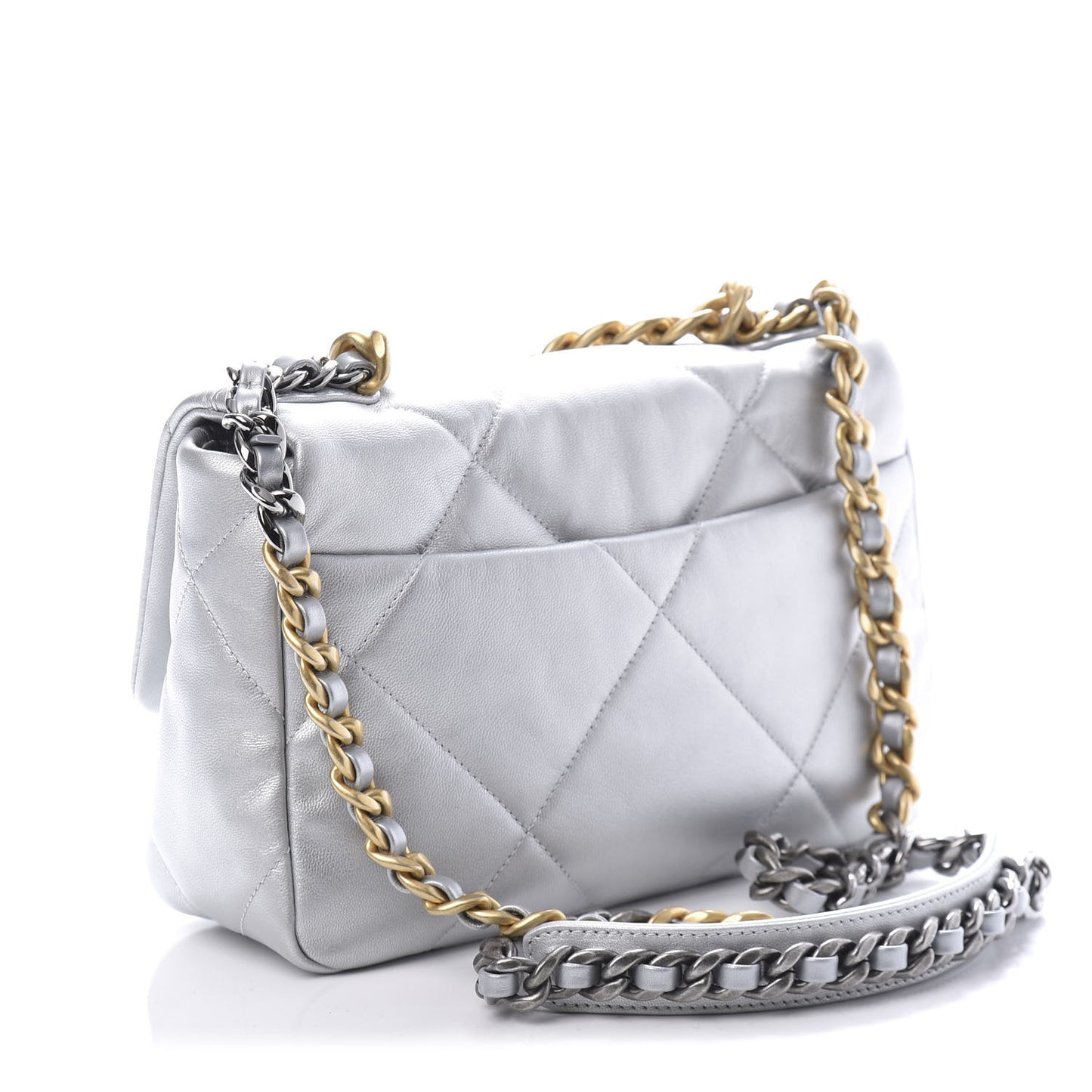 Metallic Goatskin Quilted Medium 19 Flap Silver