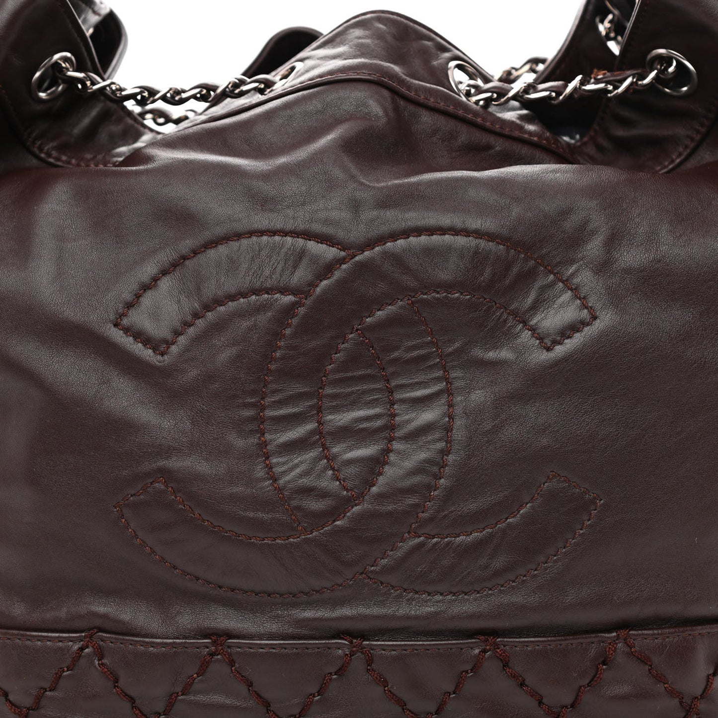 Calfskin Drawstring CC Bucket Bag Dark Brown