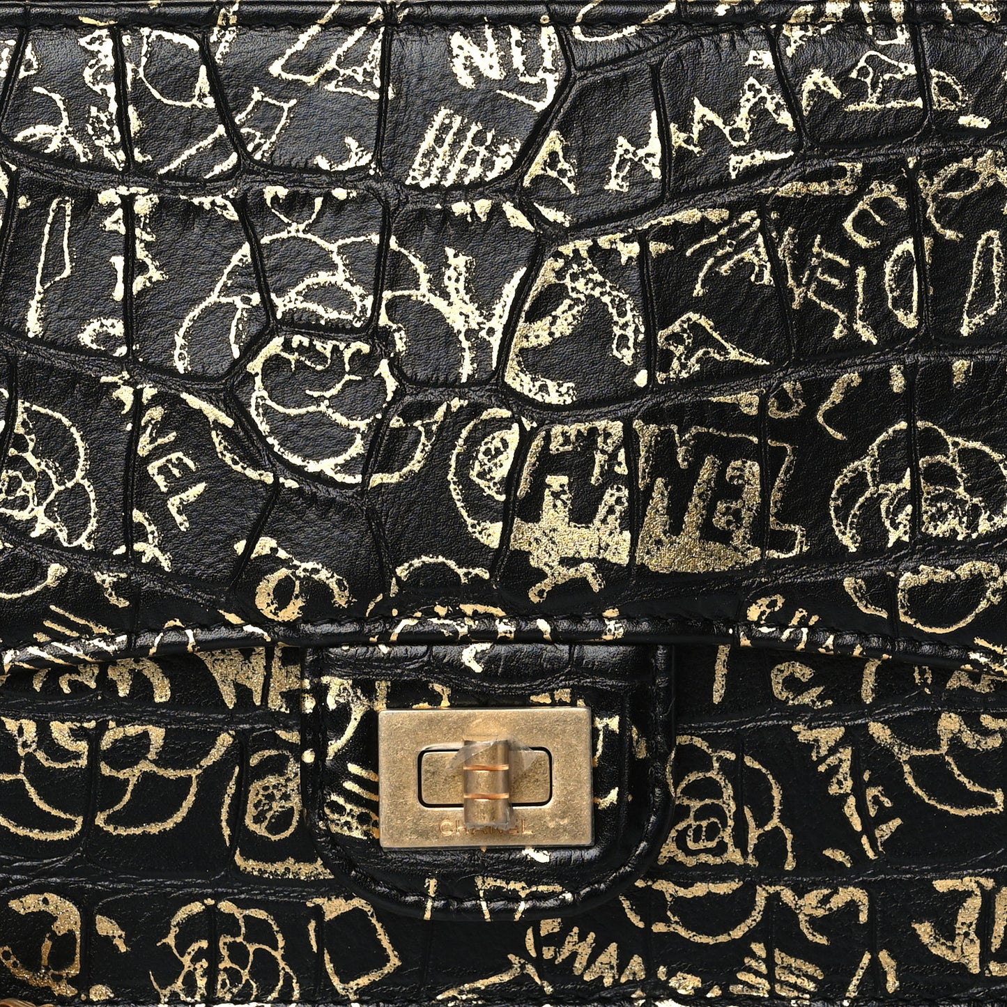 Calfskin Crocodile Embossed Egyptian Graffiti Pouch With Chain Handle Black Gold
