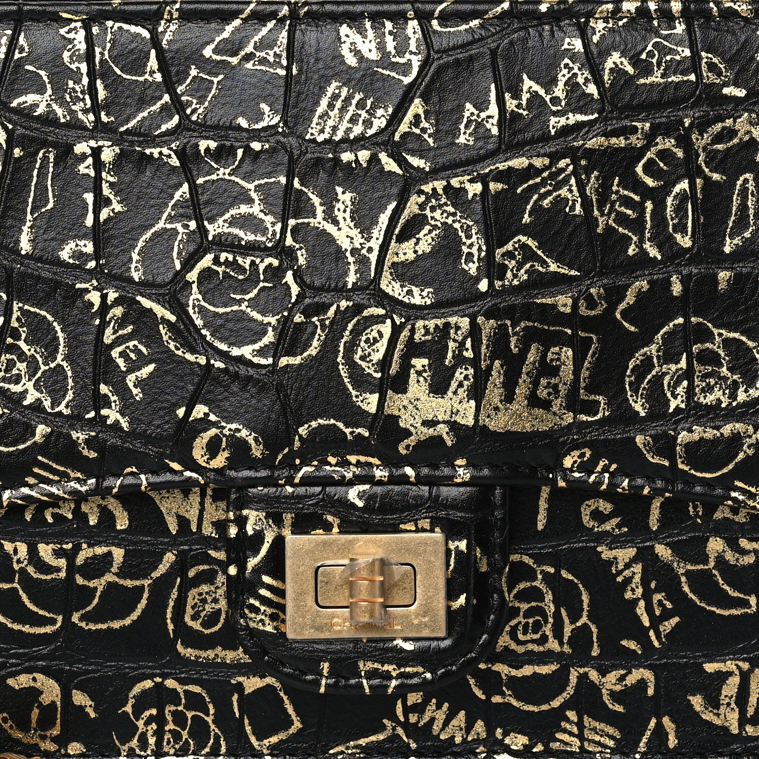 Chanel Calfskin Crocodile Embossed Egyptian Graffiti Pouch With Chain Handle Black Gold 7 of 10