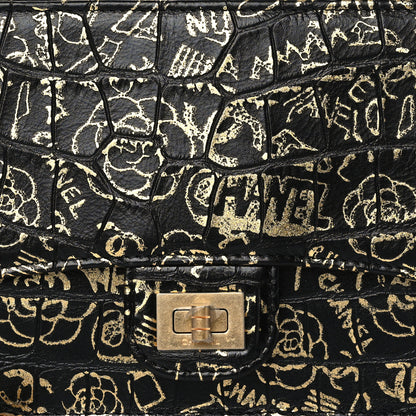 Chanel Calfskin Crocodile Embossed Egyptian Graffiti Pouch With Chain Handle Black Gold 7 of 10