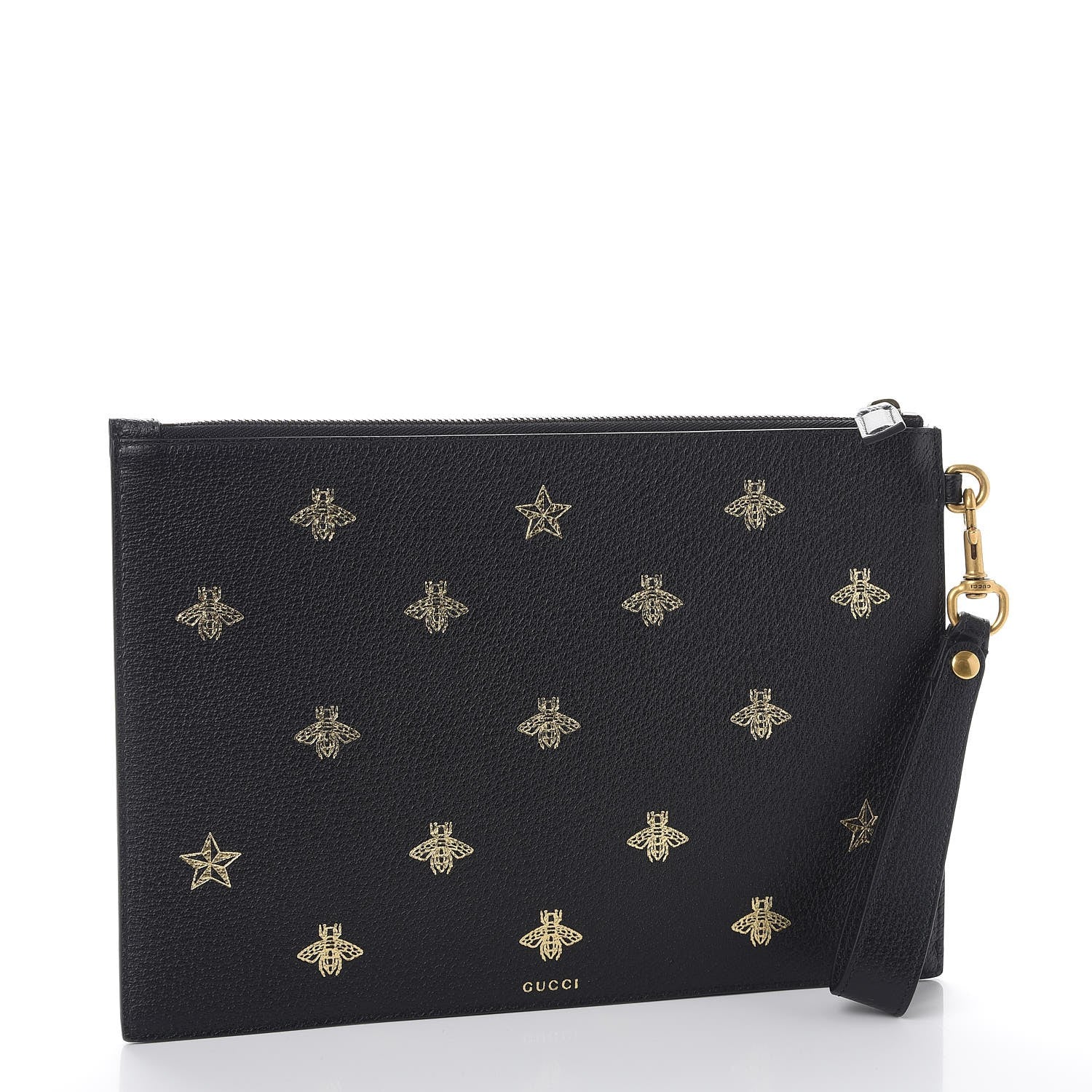 Gucci Dollar Calfskin Boar Effect Bee Star Zip Wristlet Pouch Black 3 of 7