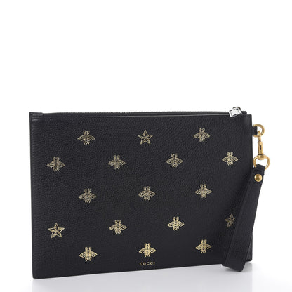 Gucci Dollar Calfskin Boar Effect Bee Star Zip Wristlet Pouch Black 3 of 7