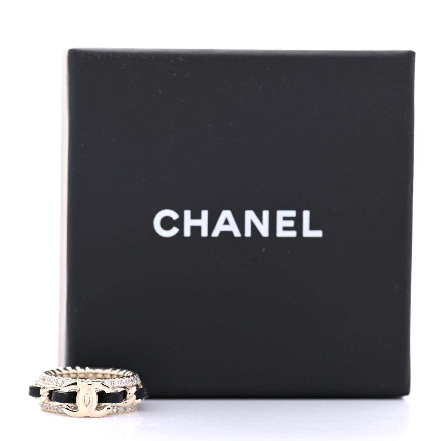 Chanel Metal Crystal Lambskin CC Ring 50 Gold Black 9 of 9