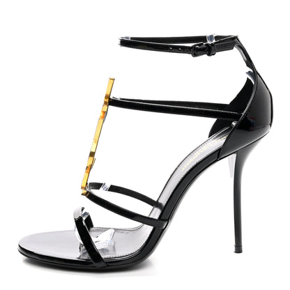 Saint Laurent Patent Cassandra 100 Ankle Strap Sandals 39 Black Gold 1 of 11