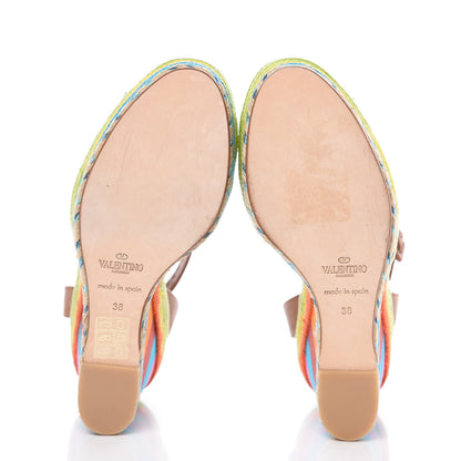 Valentino Garavani Calfskin Canvas Raffia Chevron Print 1973 Espadrille Wedge Sandals 38 Alpaca Multicolor 5 of 10