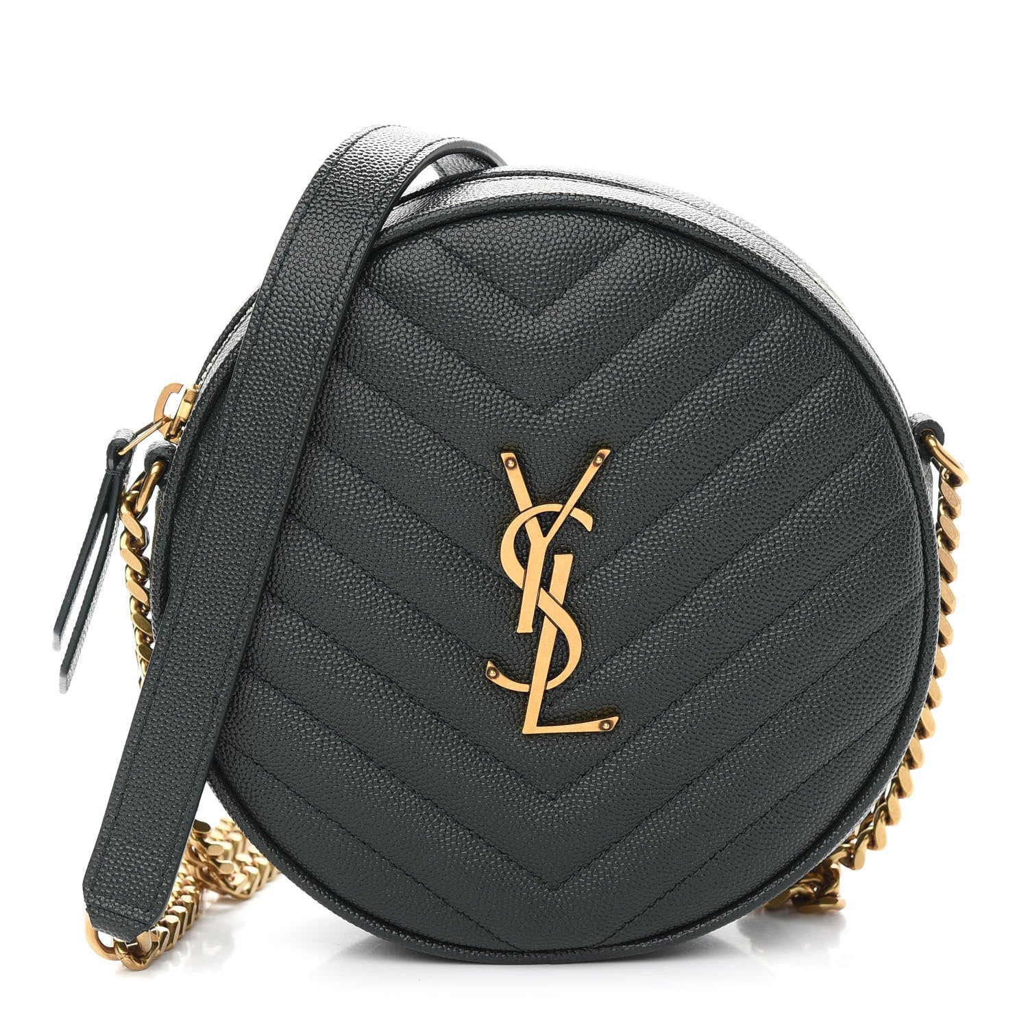 Saint Laurent Grain De Poudre Matelasse Chevron Quilted Round Vinyle Camera Bag New Vert Fonce 1 of 8