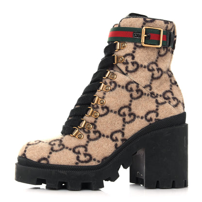 Gucci Covered Wool GG Monogram Womens Lace Up Combat Ankle Boots 36.5 Beige Ebony Black 1 of 11