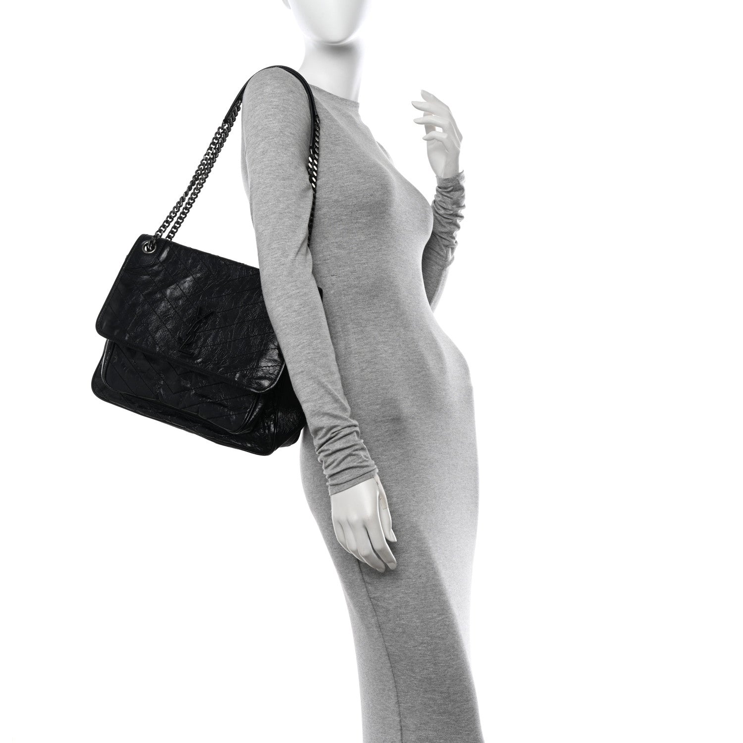 Saint Laurent Crinkled Calfskin Matelasse Monogram Large Niki Chain Satchel Black 2 of 11