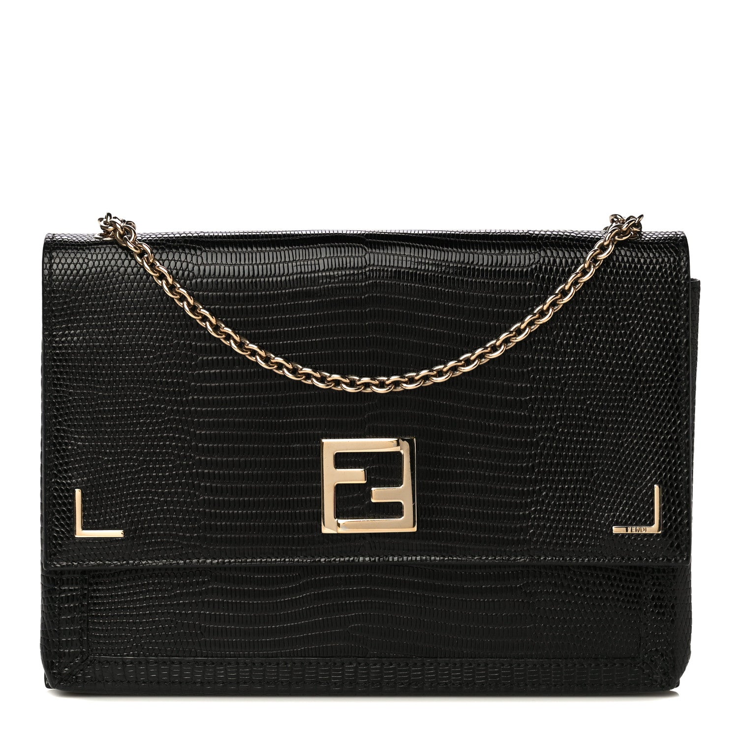 Fendi Calfskin Lizard Embossed Wallet on Chain Black 1 of 15
