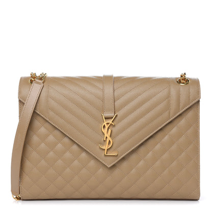 Saint Laurent Grain De Poudre Mixed Matelasse Large Triquilt Monogram Satchel Dark Beige 1 of 9