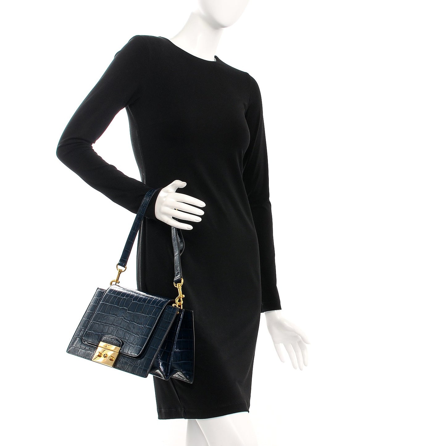 Calfskin Croc Print Pembroke Shoulder Bag Navy