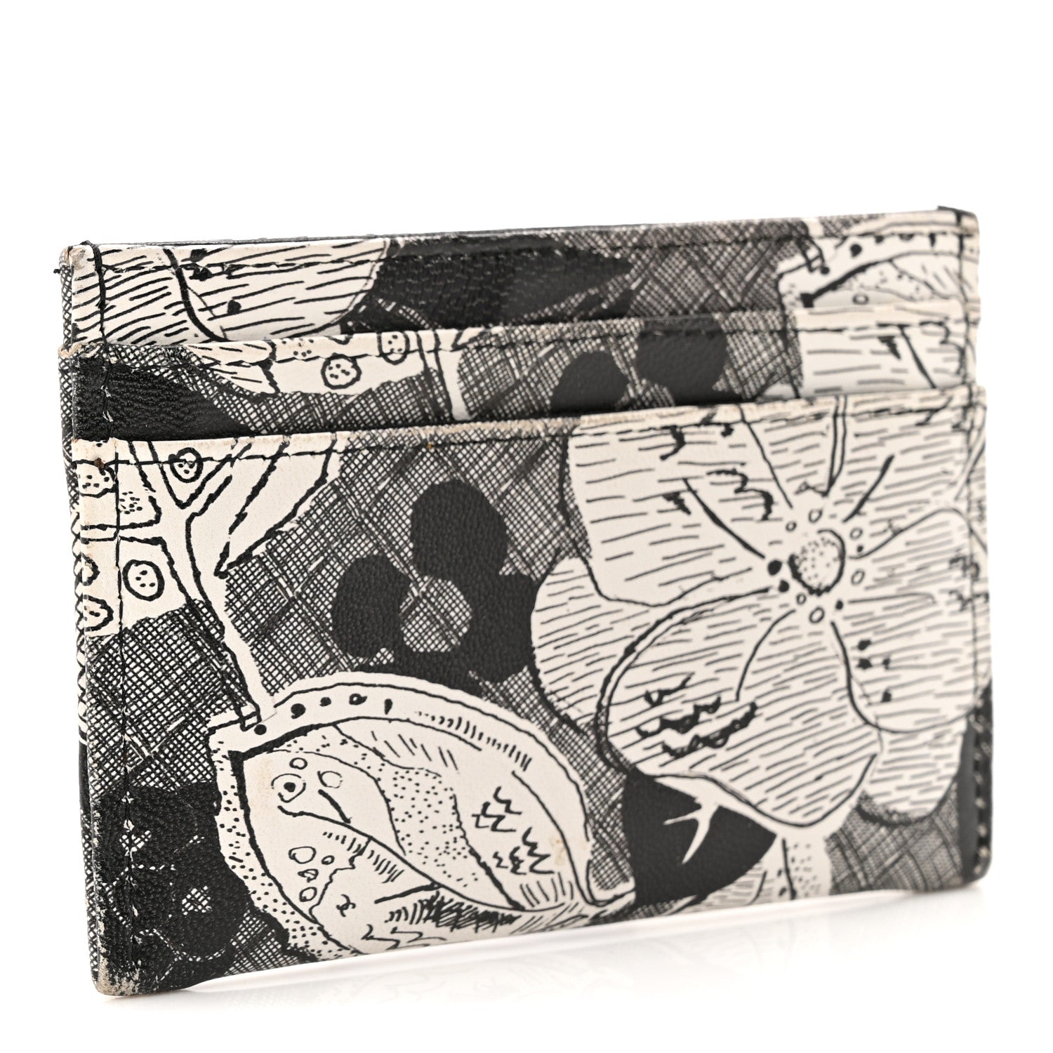 Chanel Coated Canvas Lambskin Quilted Camellia Card Holder Black White 3 of 8
