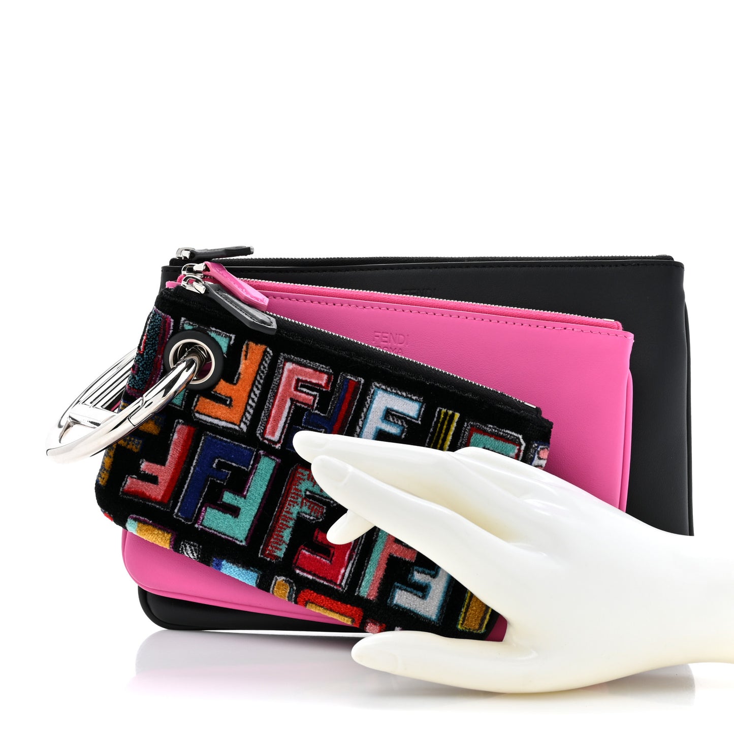 Calfskin Velvet F is Fendi Fun Fair Triplette Pouch Set Multicolor