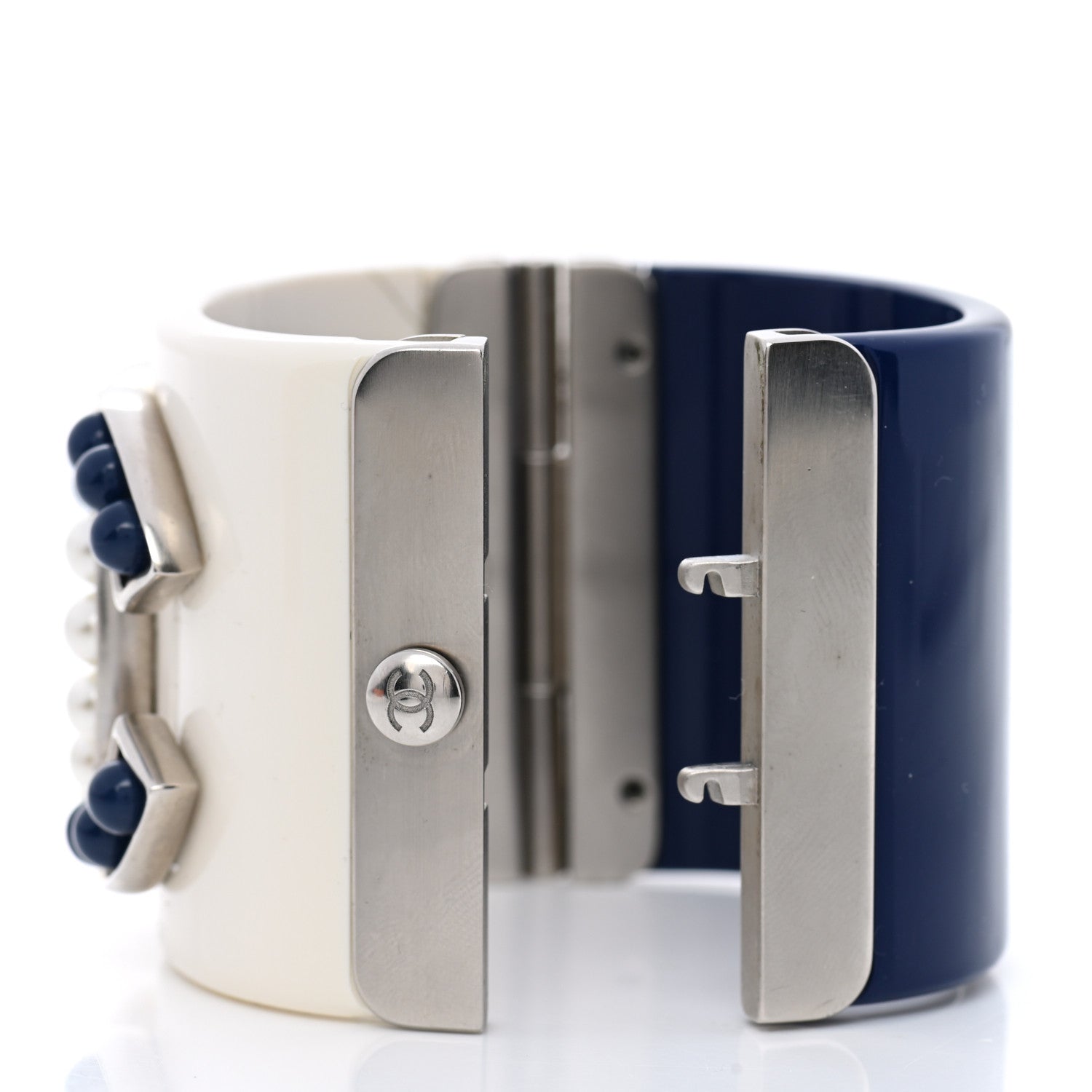 Chanel Resin Pearl CC Cuff Cream White Blue 5 of 7