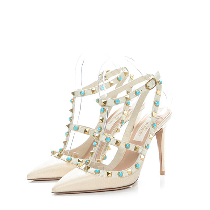 Valentino Garavani Pebbled Calfskin Turquoise Rockstud Rolling Ankle Strap 100mm Pumps 36 Ivory 3 of 9