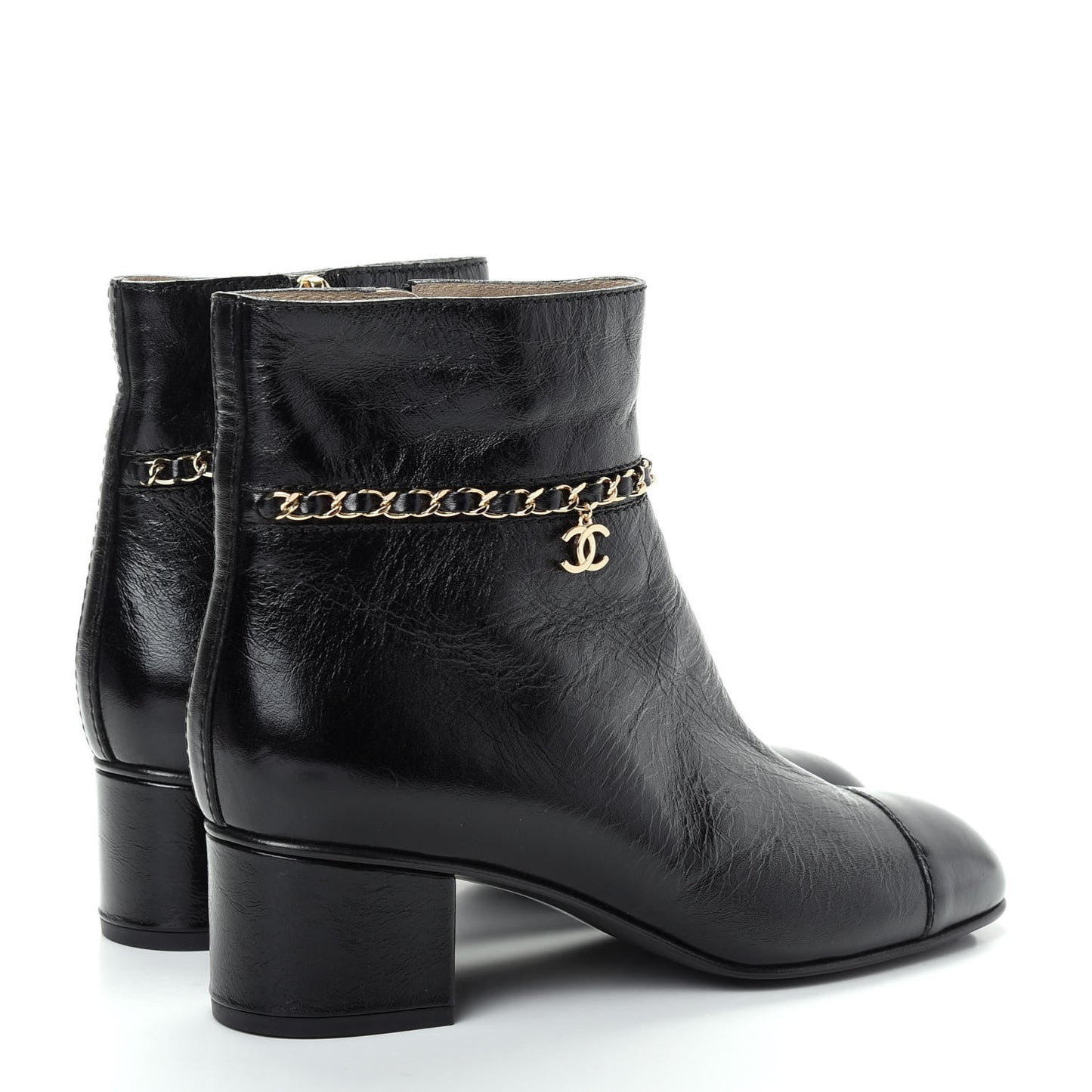 Crumpled Calfskin Cap Toe Chain Short Boots 39 Black