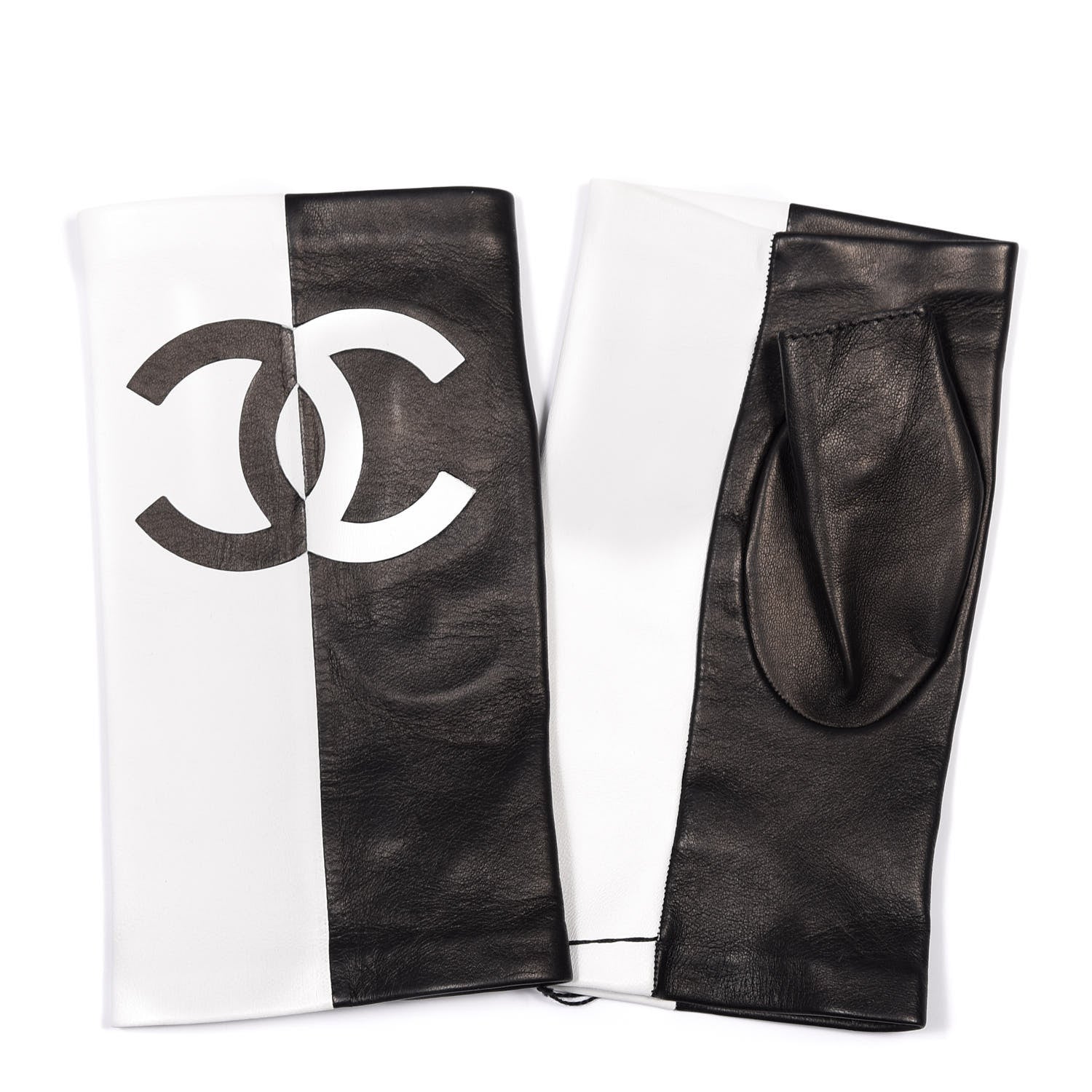 Chanel Lambskin CC Fingerless Gloves 8 Black White 1 of 5