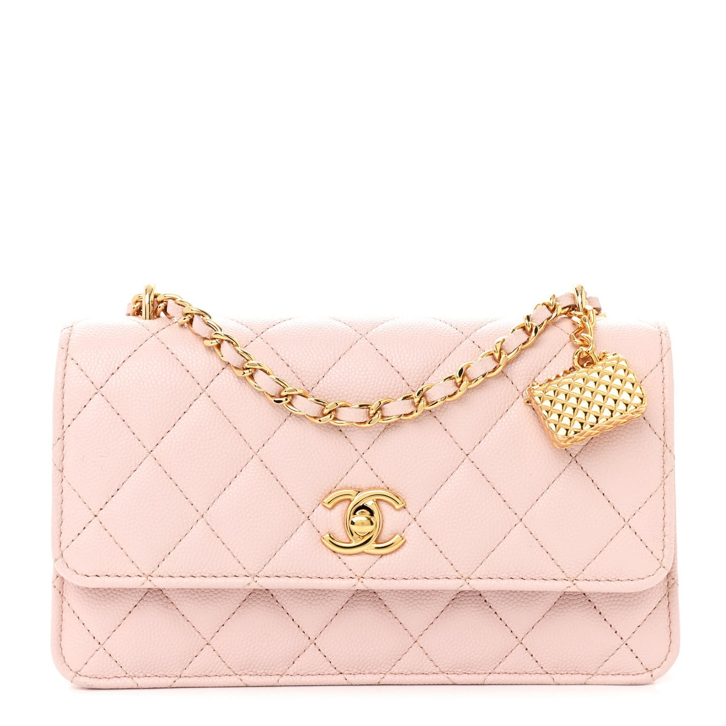 Shiny Caviar Quilted Flap Charm Wallet On Chain WOC Light Pink