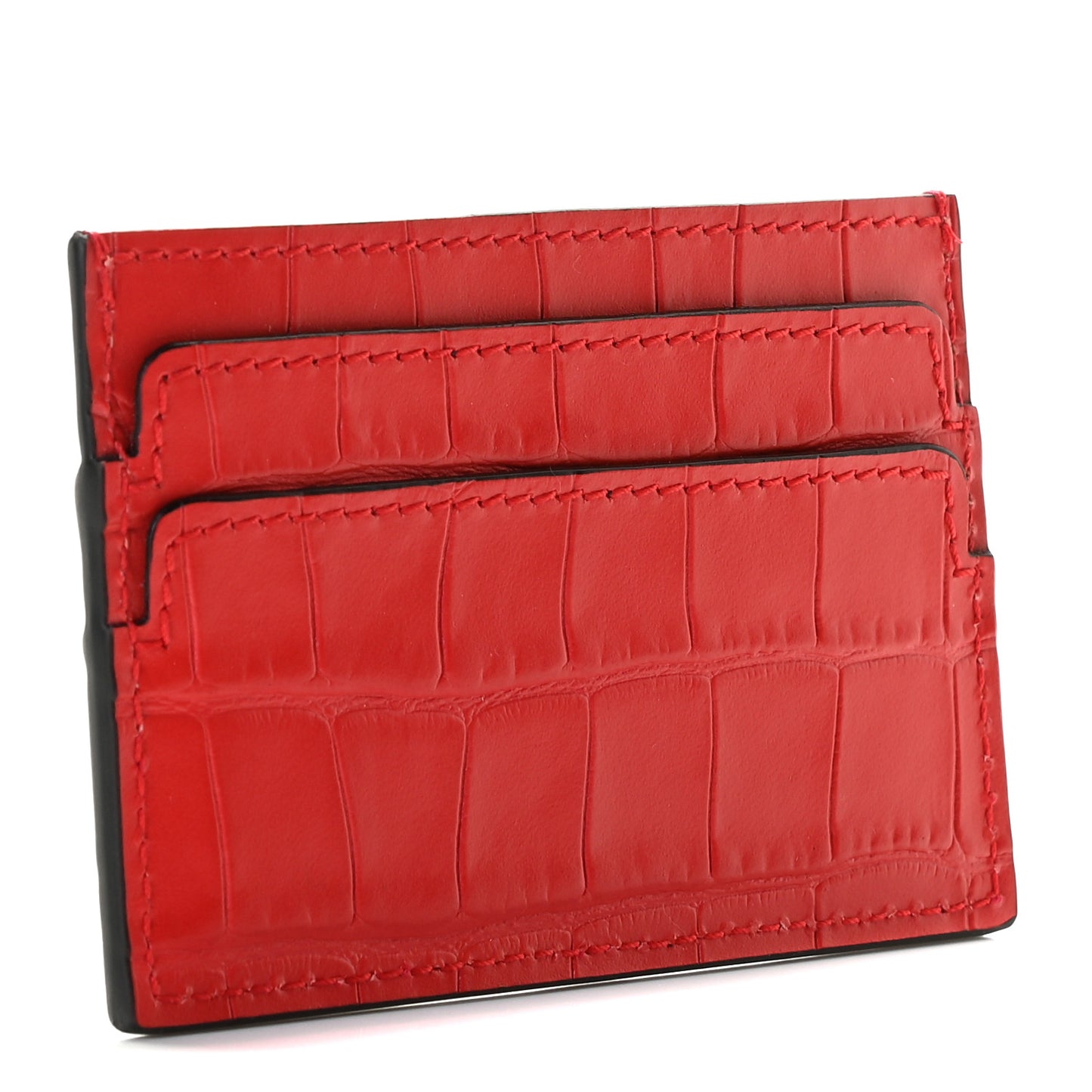 Calfskin Crocodile Embossed Skull Card Holder Scarlet Red