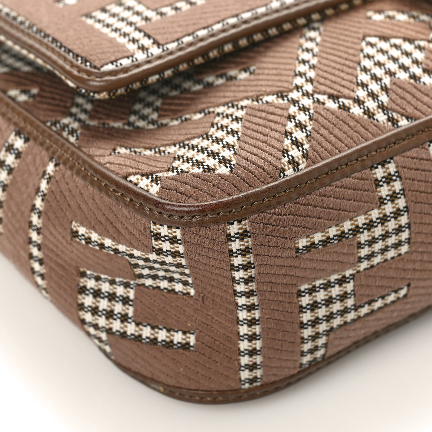Fendi Wool Vitello King Houndstooth FF Embroidered Baguette Beige Moro 7 of 12