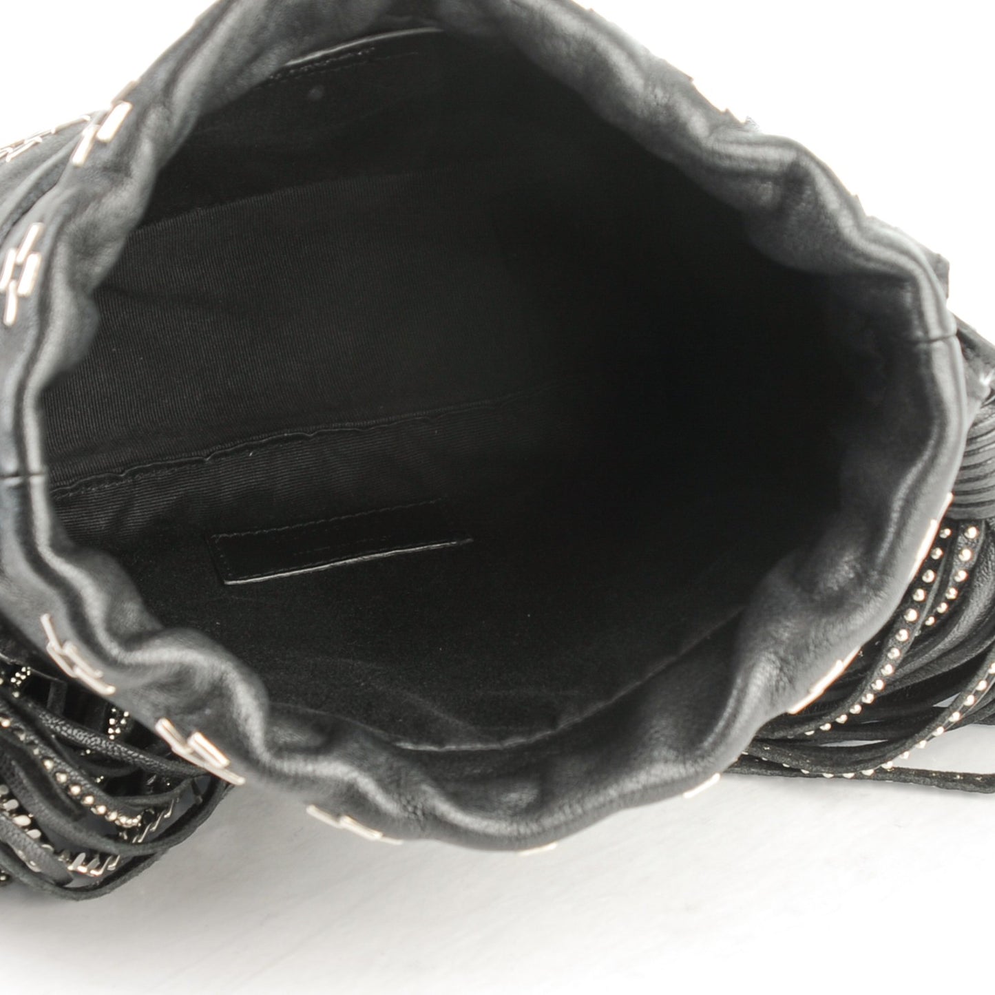 Lambskin Oxidized Nickel Studded Small Helena Fringed Bucket Bag Black