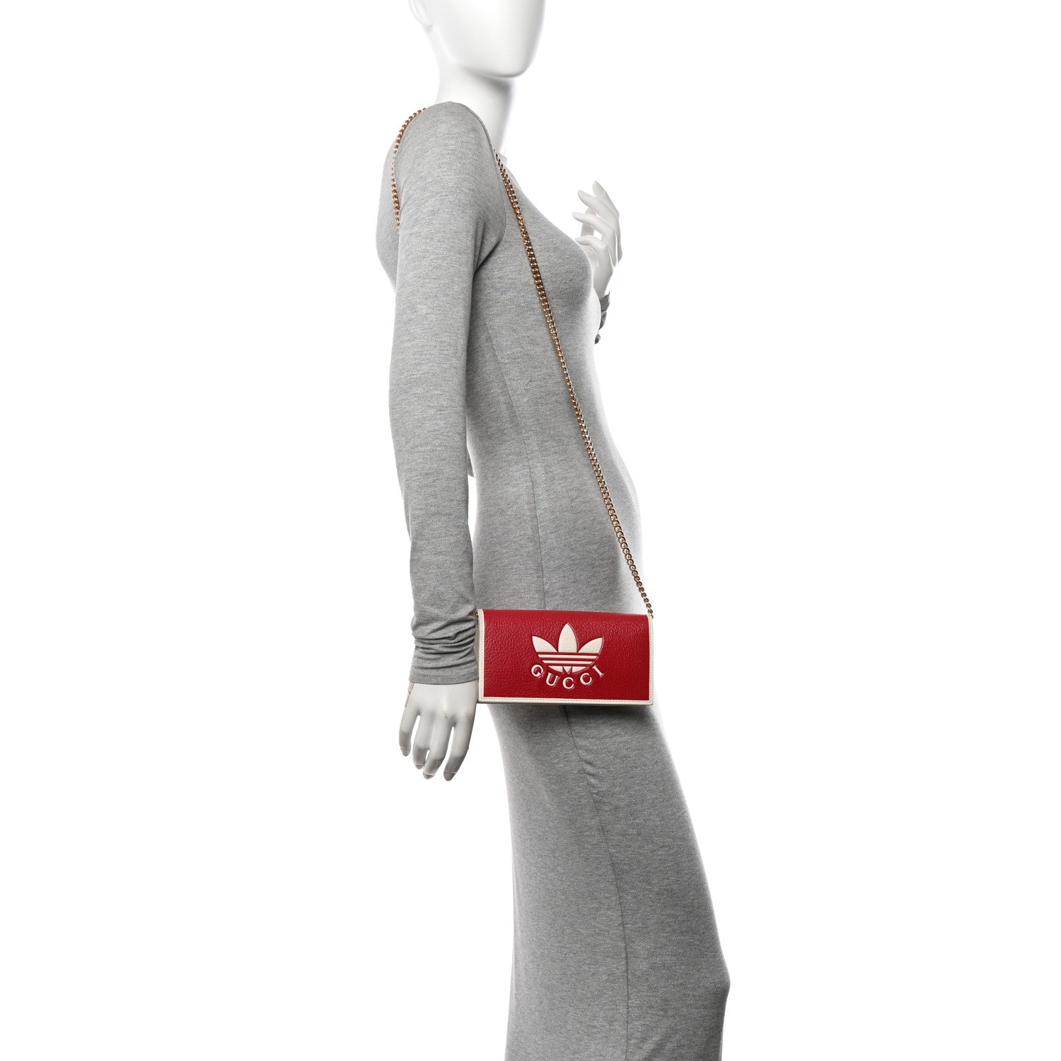 Gucci X ADIDAS Textured Dollar Calfskin Trefoil Embossed Wallet On Chain Hibiscus Red Off White 2 of 10