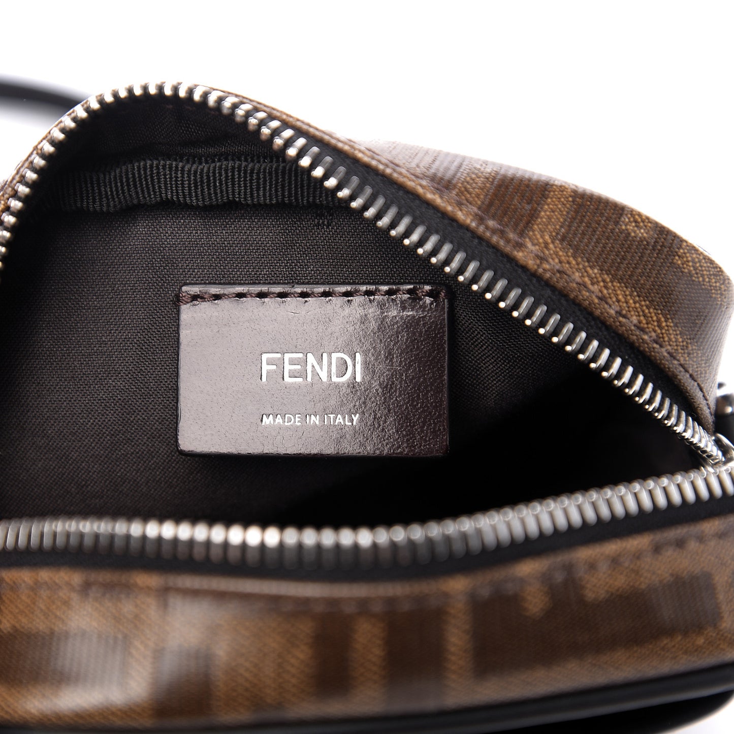 Glazed Fabric Vitello Century FF 1974 Stamp Patch Small Crossbody Messenger Mogano Panna Black