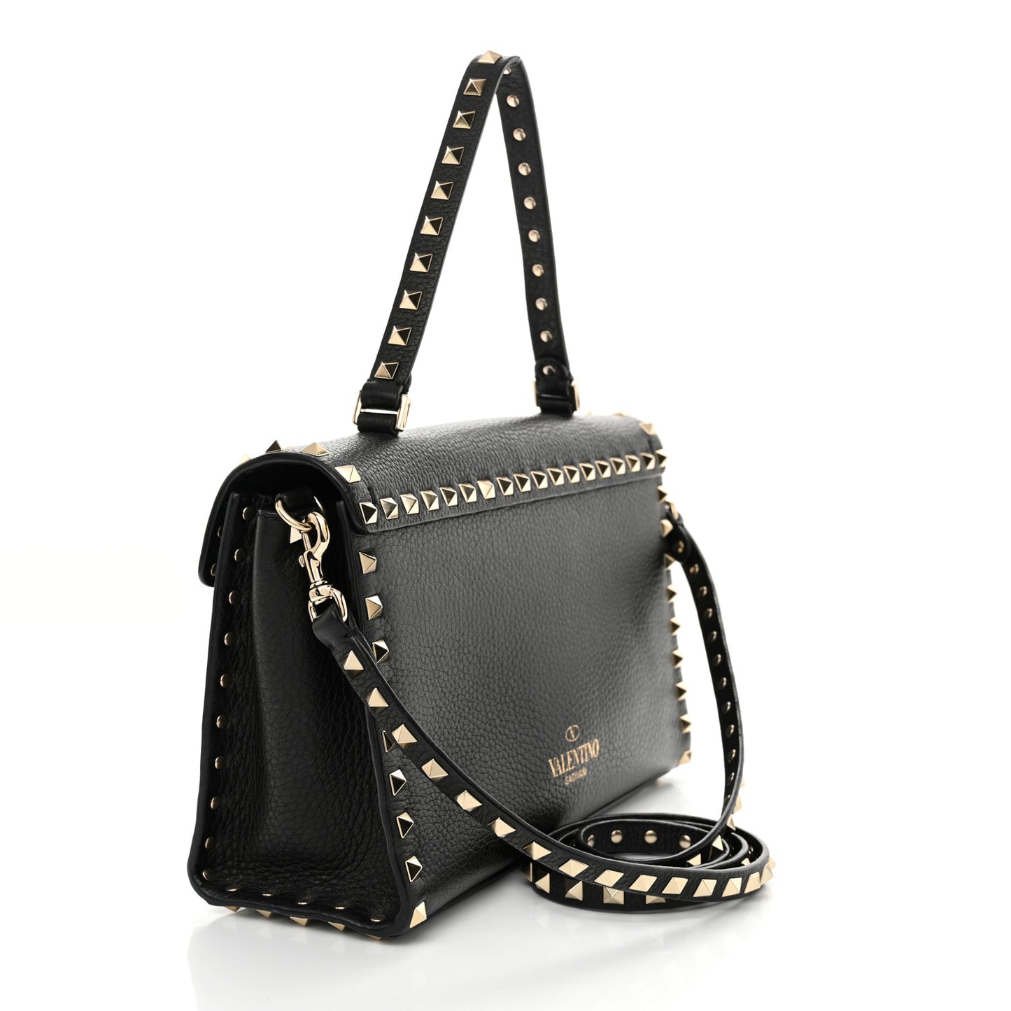 Pebbled Calfskin Rockstud Flip Lock Top Handle Bag Black