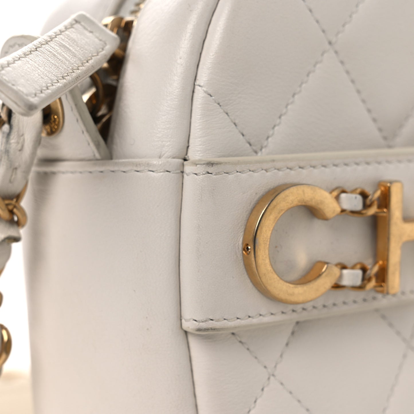 Calfskin Quilted Enchained Camera Case Bag White