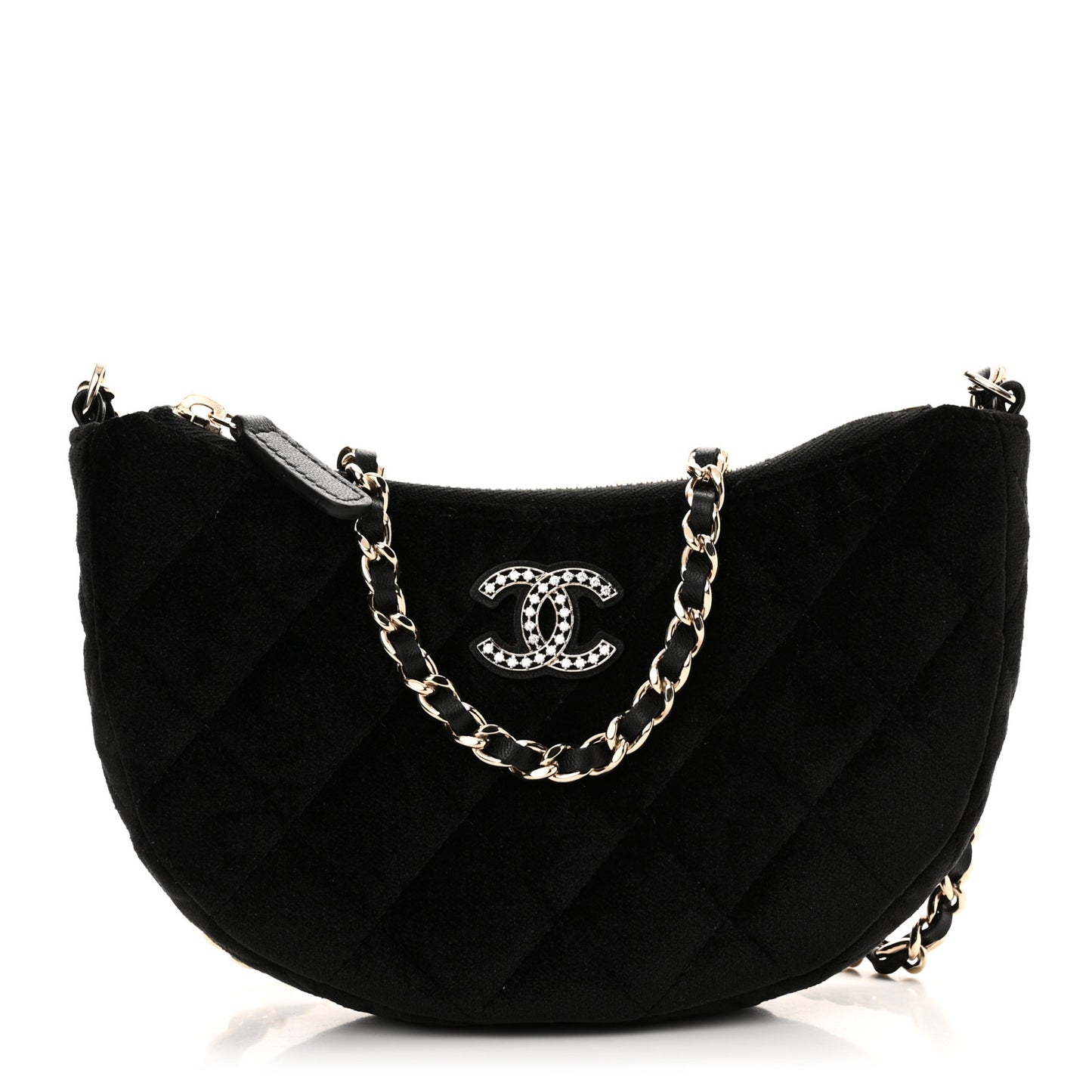 Velvet Crystal Quilted Chain Hobo Black