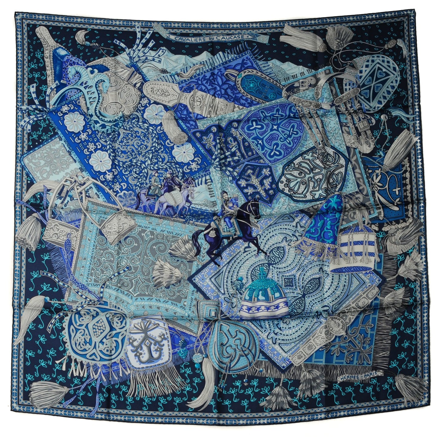 Silk Cavaliers du Caucase Scarf 90 Marine Gris Turquoise