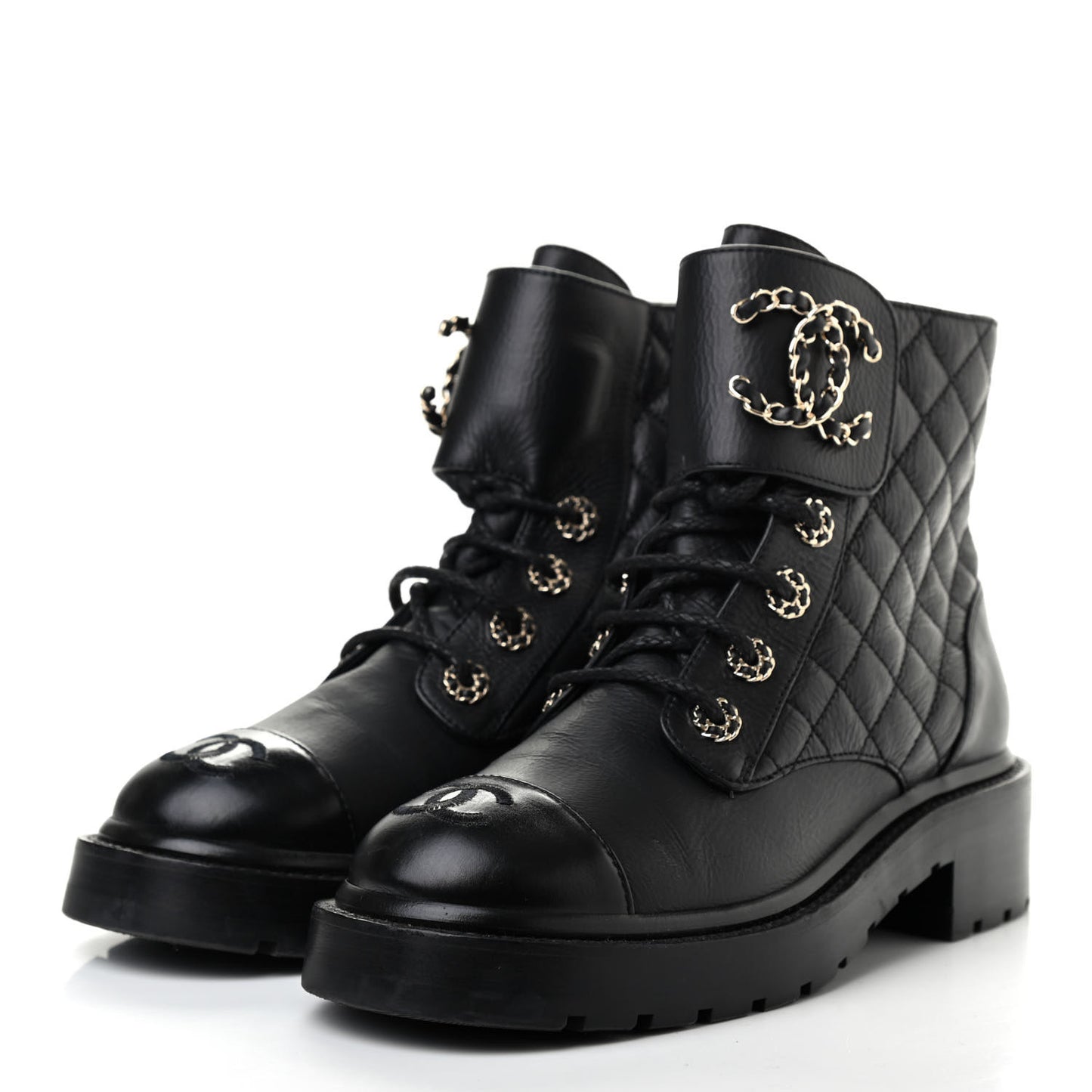 Shiny Goatskin Calfskin Quilted Lace Up Combat Boots 37 Black