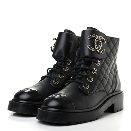 Chanel Shiny Goatskin Calfskin Quilted Lace Up Combat Boots 37 Black 3 of 7