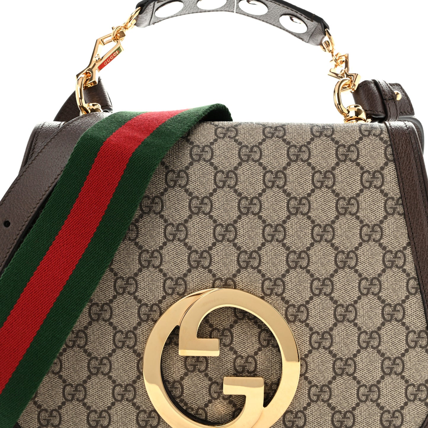 GG Supreme Monogram Textured Dollar Calfskin Web Medium Blondie Top Handle Shoulder Flap Bag Beige Ebony New Acero