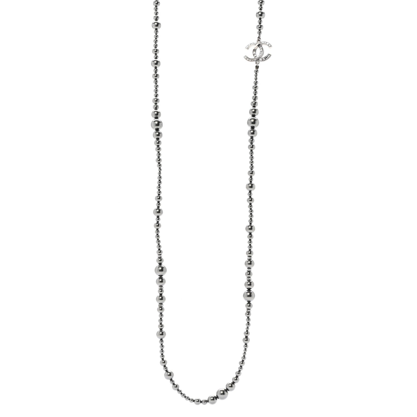 Ruthenium Graduated Pearl Crystal CC Long Necklace Dark Grey