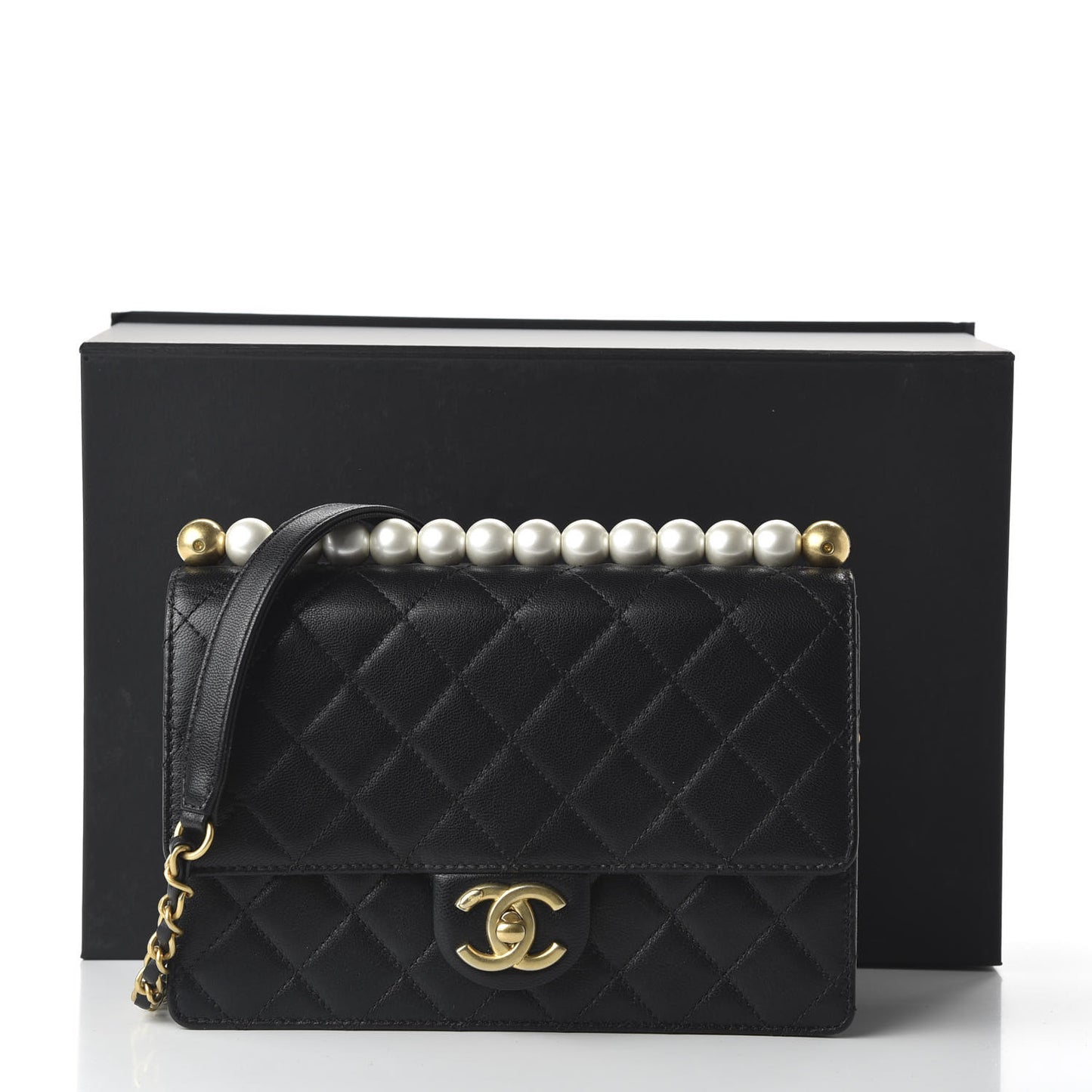 Lambskin Quilted Small Chic Pearls Flap Black