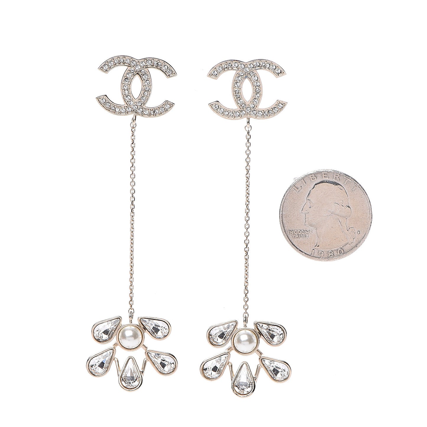 Pearl Crystal CC Drop Earrings Light Gold