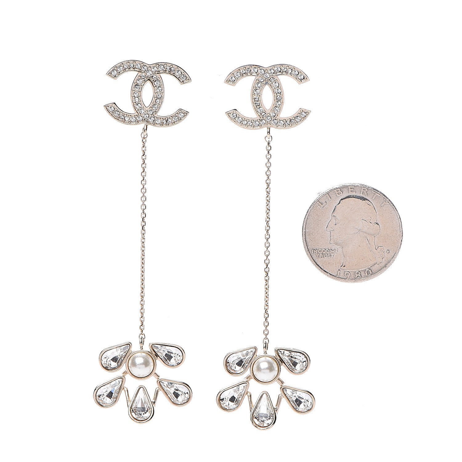 Chanel Pearl Crystal CC Drop Earrings Light Gold 2 of 5